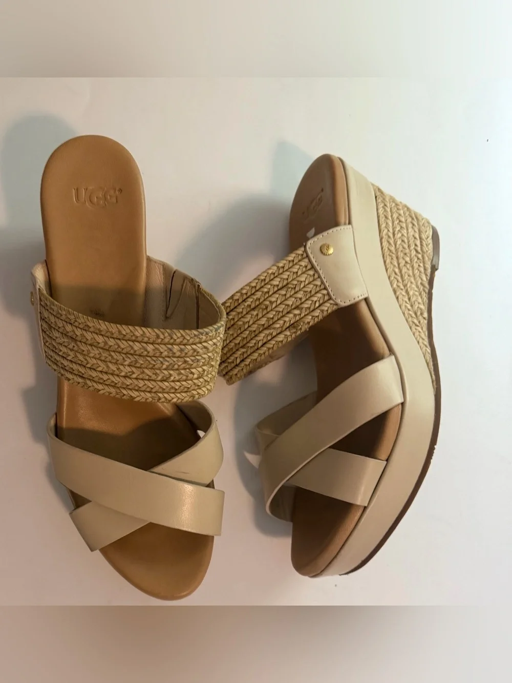UGG Adriana Leather Jute Wedge Platform Sandals - Horchata Beige - Size 9